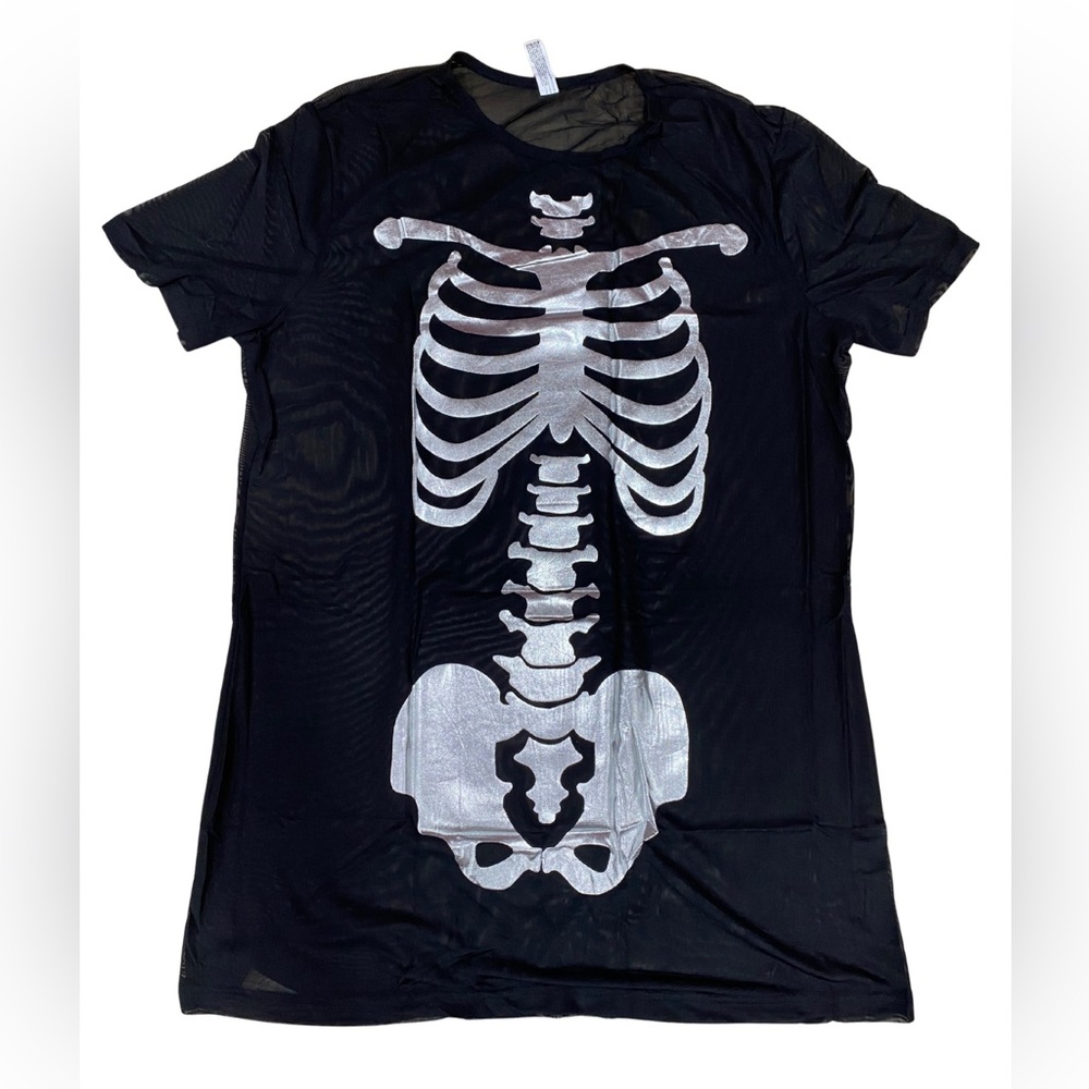 NWT Black Silver Sheer Skeleton Graphic Short Sleeve Shirt Halloween Costume